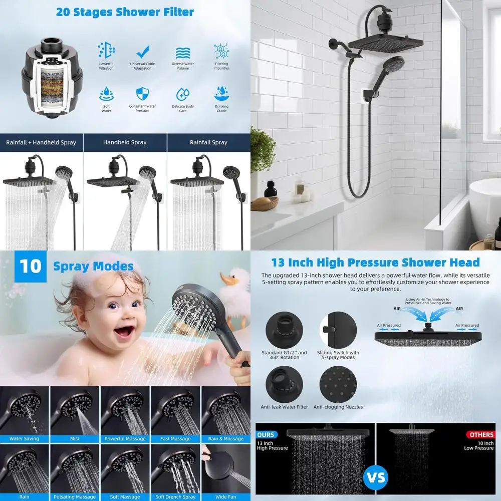 

13-inch Dual Filter Shower Head with High-Pressure 10-Setting Handheld, 12-inch Extendable Arm, 20-Stage Filter, 71-inch Hose, O