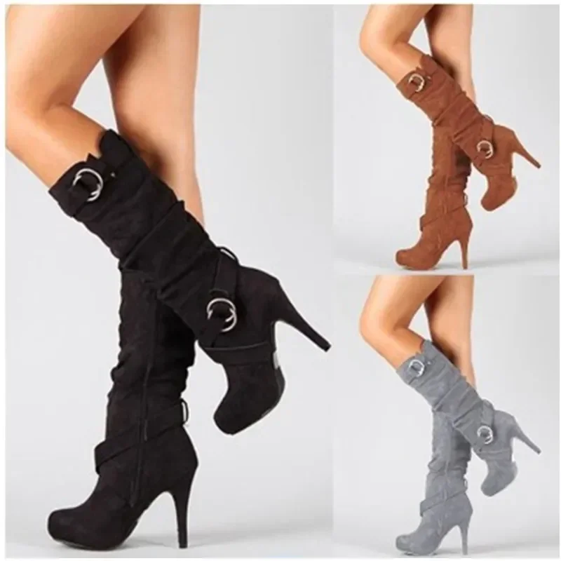 Jesienno-zimowe buty damskie Stretch Slim Thigh High Boot 2024 New Fashion Mid-Calf Boot Thin High Heels Shoes Woman Botas