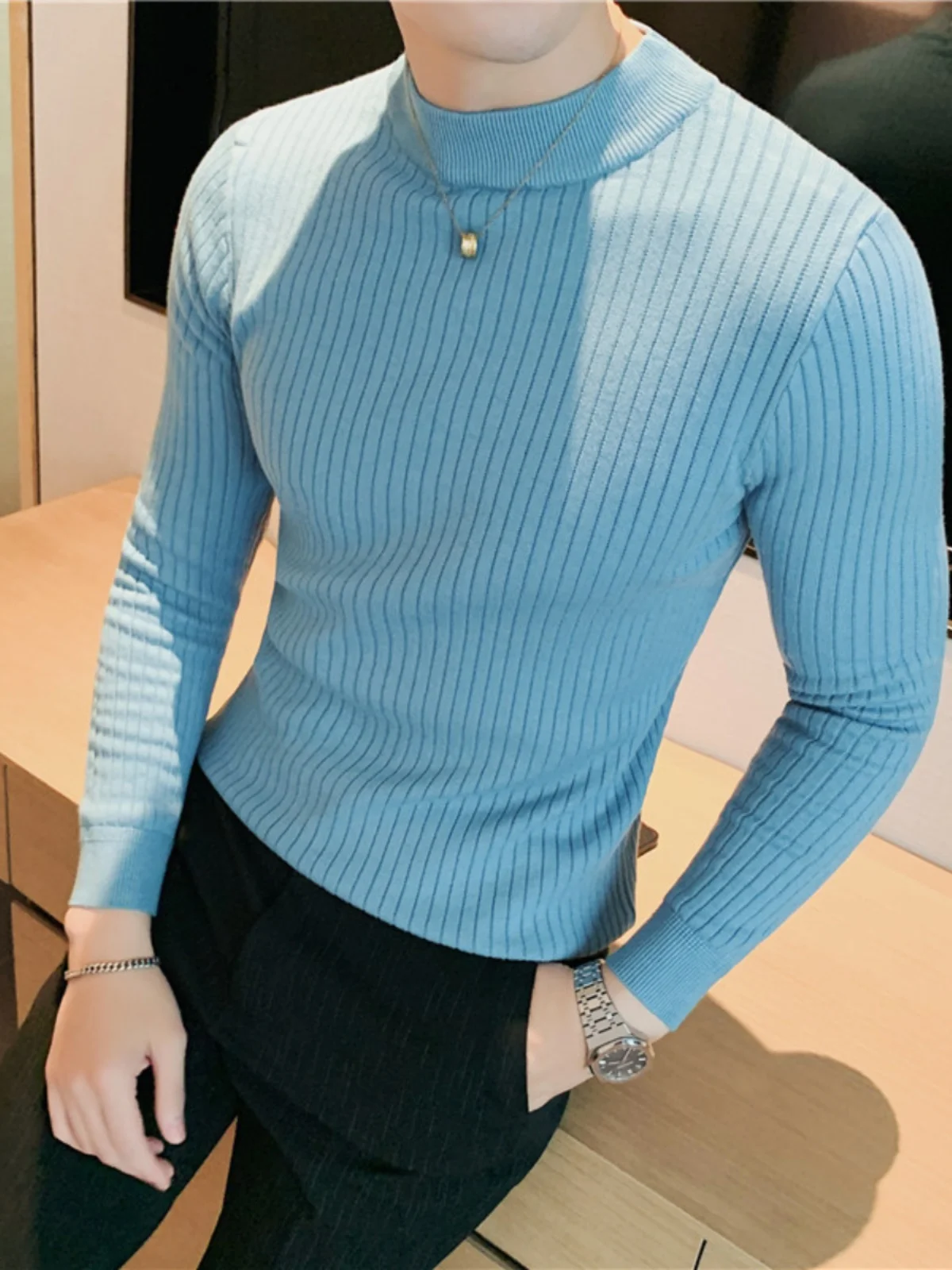 

Мужской трикотаж средней длины с высоким воротником, весенне-осенний цвет, приталенный, модный трикотаж, корейский Sle Long Sve