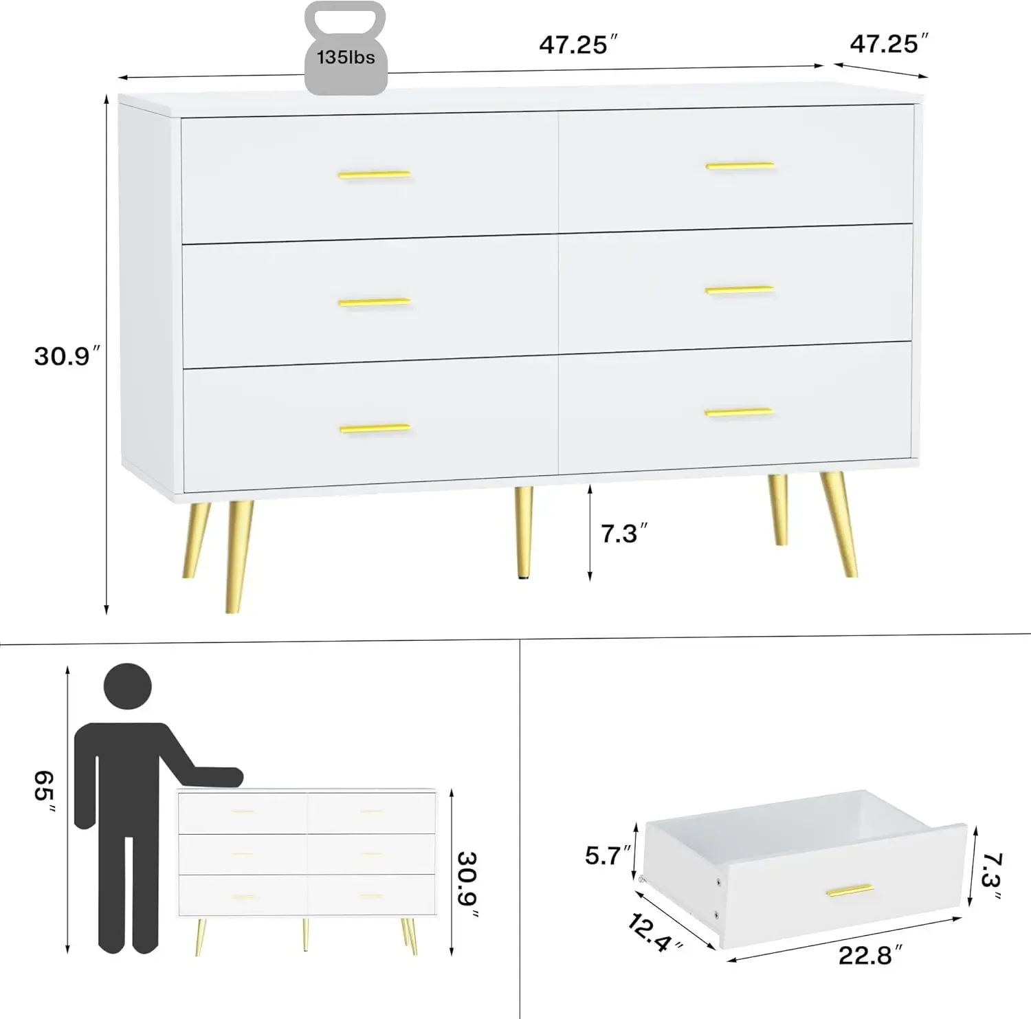 White 6 Drawer Dresser for Bedroom, Wooden White Double Dresser with Gold Handles, Modern Chest Dresser, Hallway