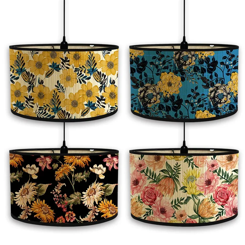 Handmade Bamboo Lamp Shade Retro American Flower Print Warm Lampshade House Decoration Chandelier Lampshade Lighting Crafts