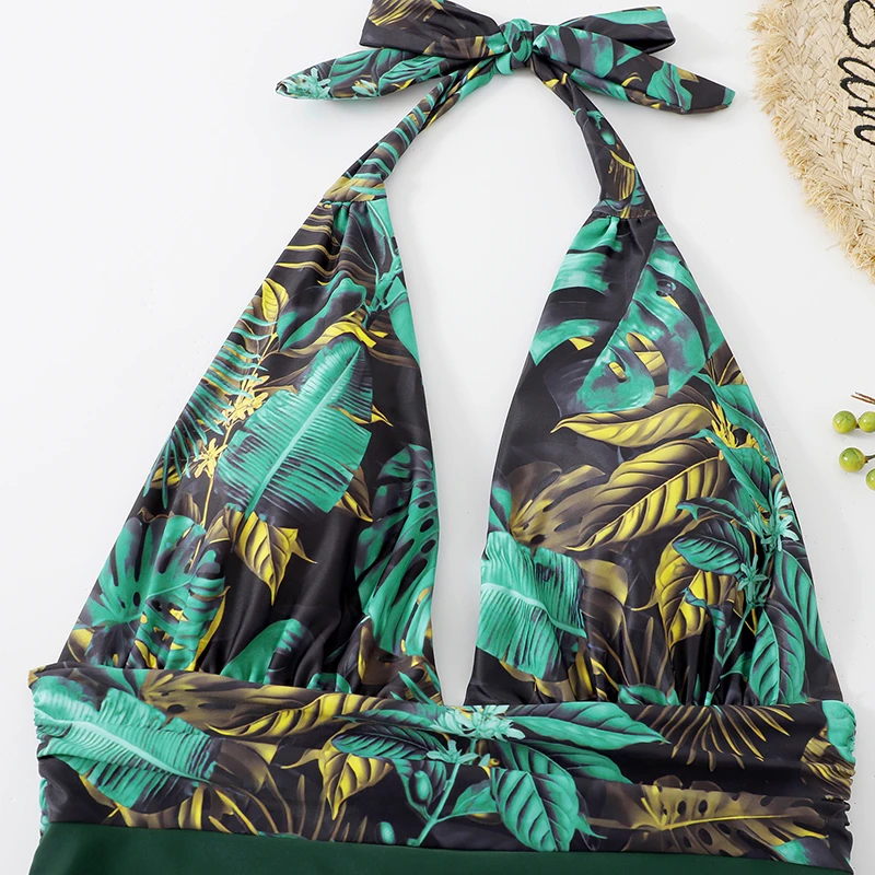 One Piece Womens Swimsuit Leaf Halter Neck Swimwear Deep V Female Bathing Suits Sexy Beachwear Bikini Set