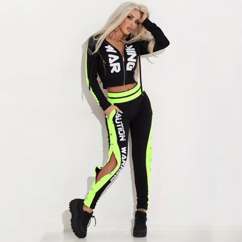 Oshoplive 2024 Women Fashion Letter Printed Contrast Color Long Sleeve Zipper Hoodies & Split-Side Pants Sports Two Pieces Sets