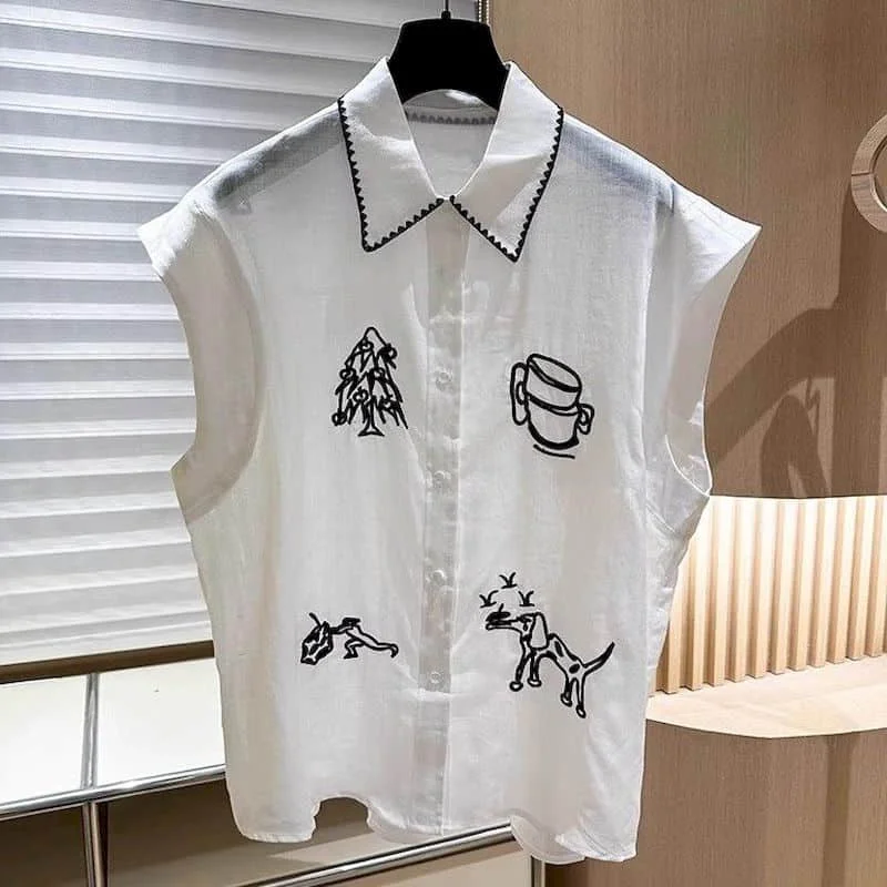 Aesthetic Vests Polo-neck Casual Korean Style Crop Tops Embroidered Color Blocking Design Shirts 2026 Summer Wear Women Clothing