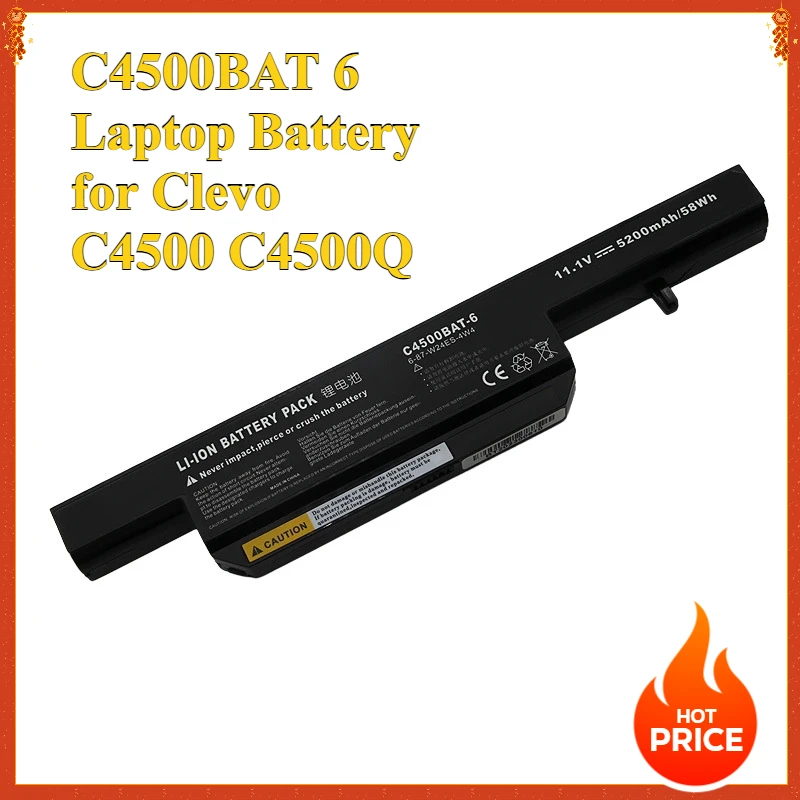 

C4500BAT-6 C4500BAT 6 Laptop Battery for Clevo C4500 C4500Q 5200Mah BAT-B5105M C4100 58WH 6 Cells