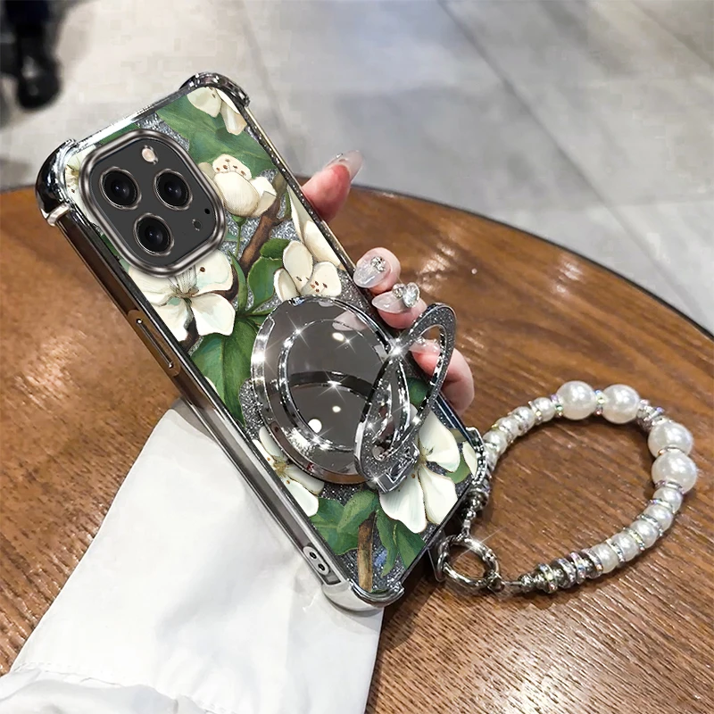 

16 Pro чехол-браслет с белыми цветами и покрытием для iPhone 16ProMax 15Pro 16Pro 13Pro 16 14 14Pro 15ProMax 13 15 Cover