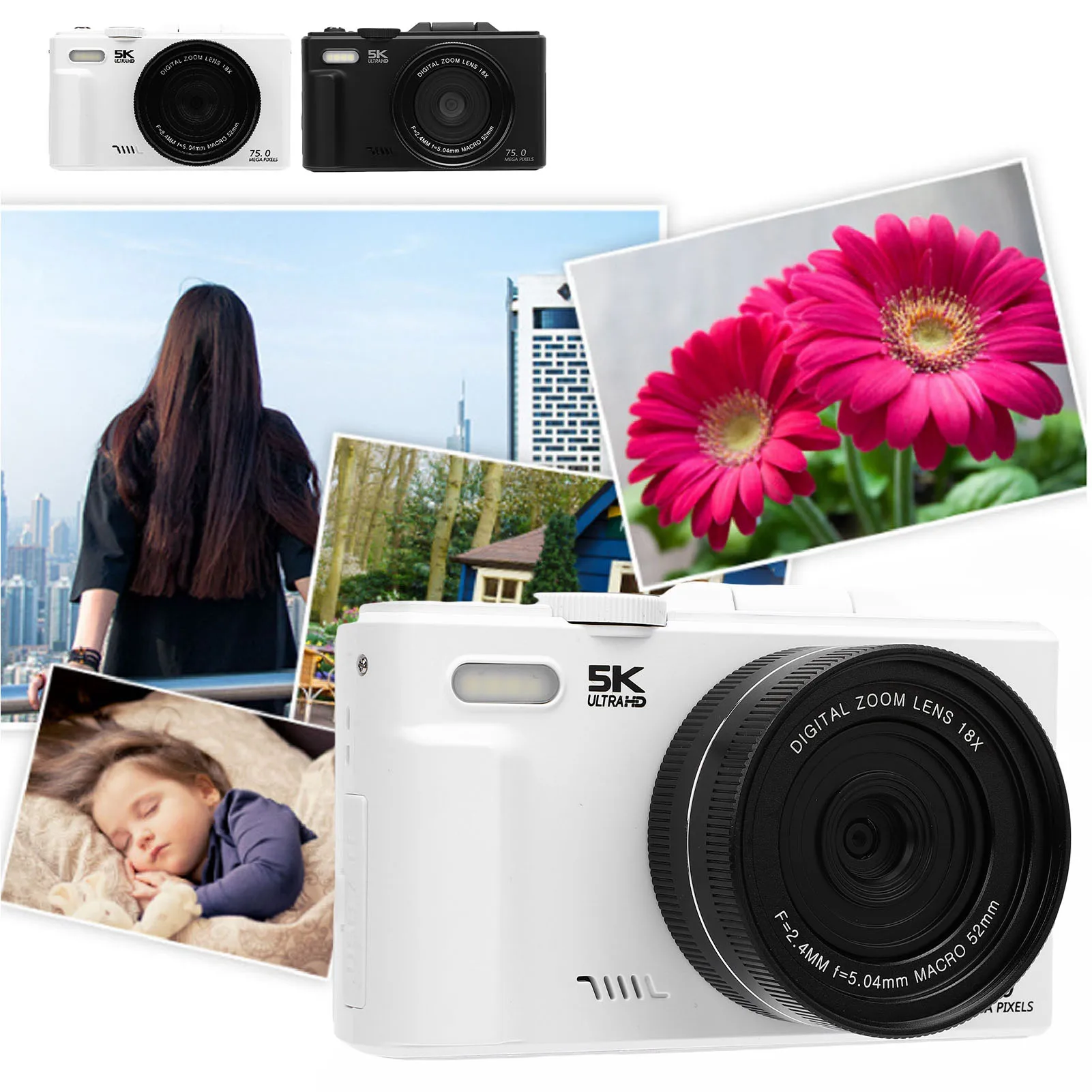 Camera 1150mAh 64GB Memory Card 5K 75MP Flash WiFi Digital Camera AF Autofocus 18X Zoom 180° Screen for Travel