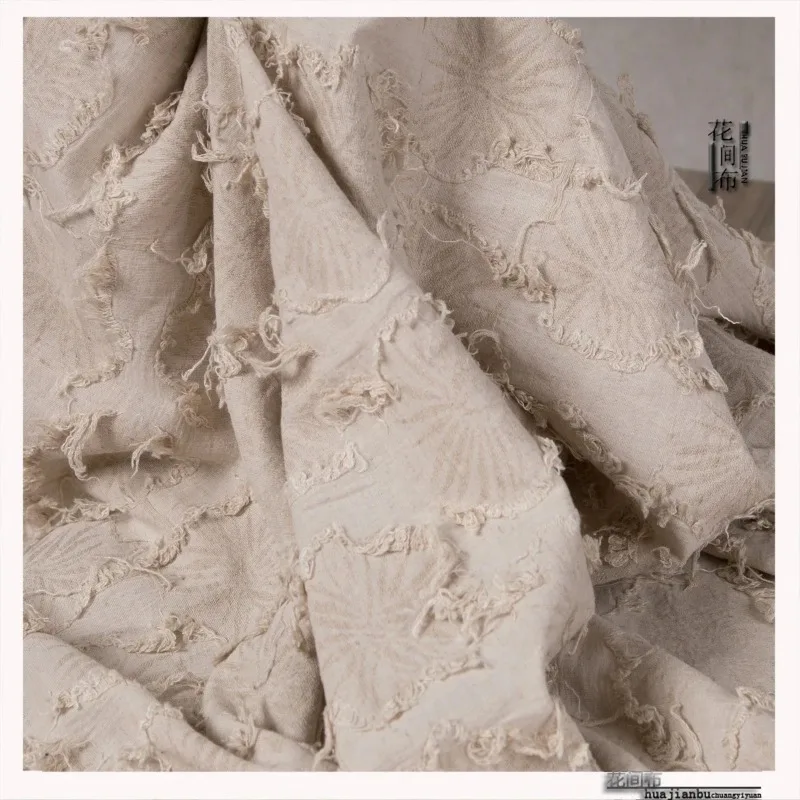 Irregular Linen Jacquard Fabric Off White Fringed Dark Patterned DIY Dress Background Decoration Bag Clothing Designer Sew Cloth