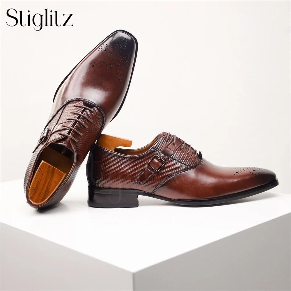 

Classic Almond Toe Leather Shoes for Men Hollow Polished Dress Shoes Luxury Designer Style Lace up Oxfords Fashion Buckle Shoes