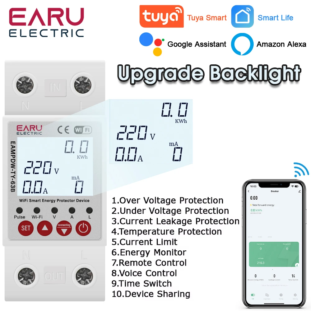 

Tuya WiFi Smart Energy Meter Power kWh Metering Earth Leakage Over Under Voltage Protector Timer Relay Device Switch Breaker