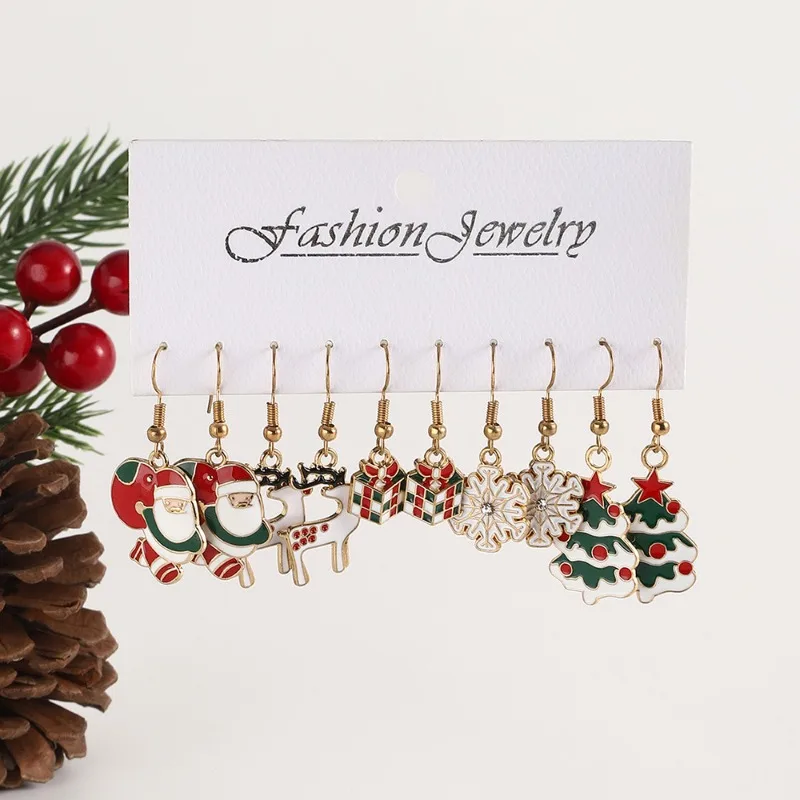 10PCS Christmas Earrings Set Alloy Dripping Oil Snowflake Santa Claus Stars Earrings Women Jewelry Christmas Gifts