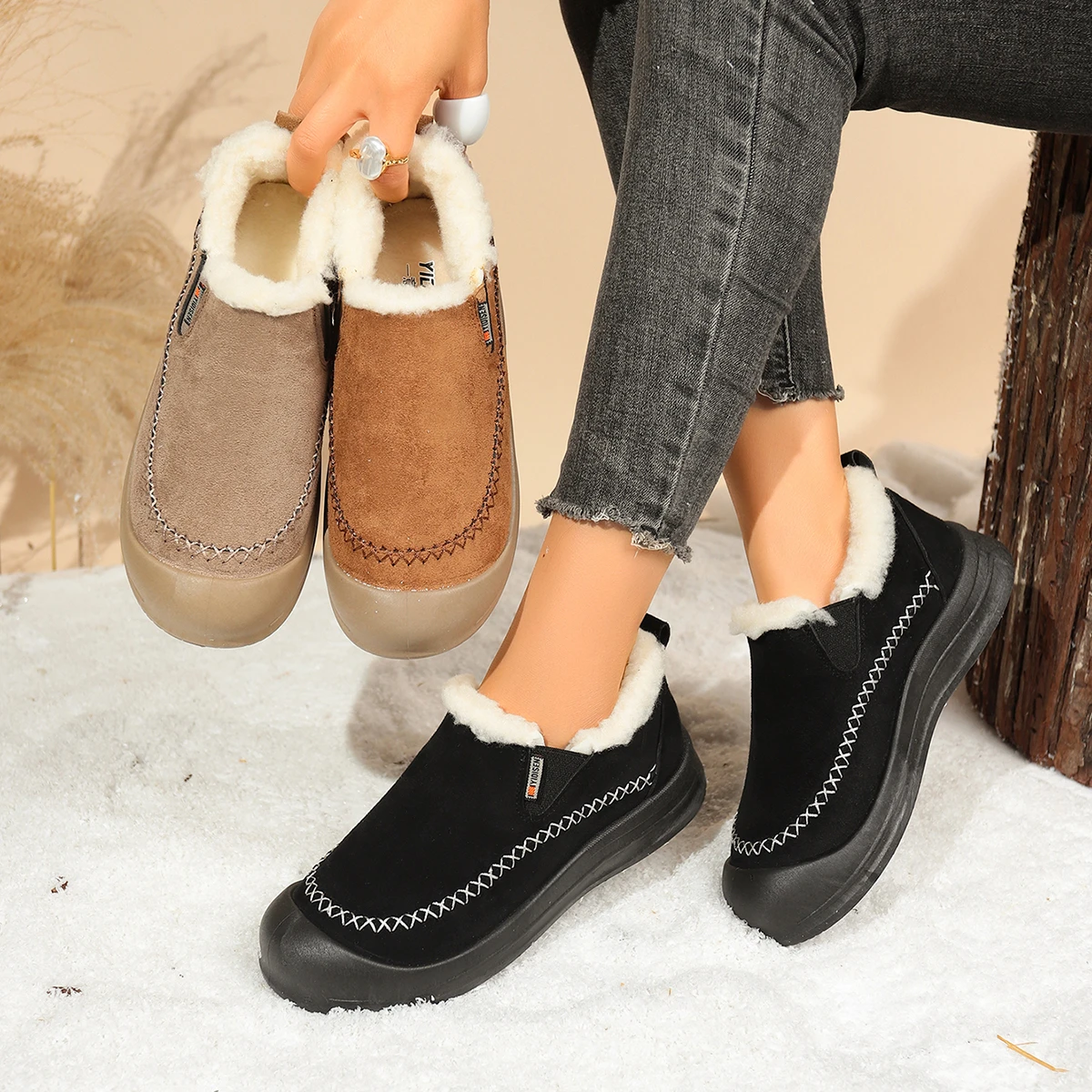 

Новые женские хлопковые туфли без шнуровки, зима 2025, плюшевая утепленная уличная повседневная теплая обувь, модные винтажные нескользящие удобные зимние ботинки