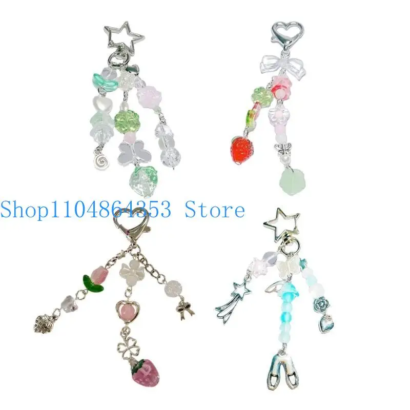 652F Phone Chain Keychain with Beaded Star Strawberry Pendant Multifuntional Bag Charm Perfect Present for Women and Girls