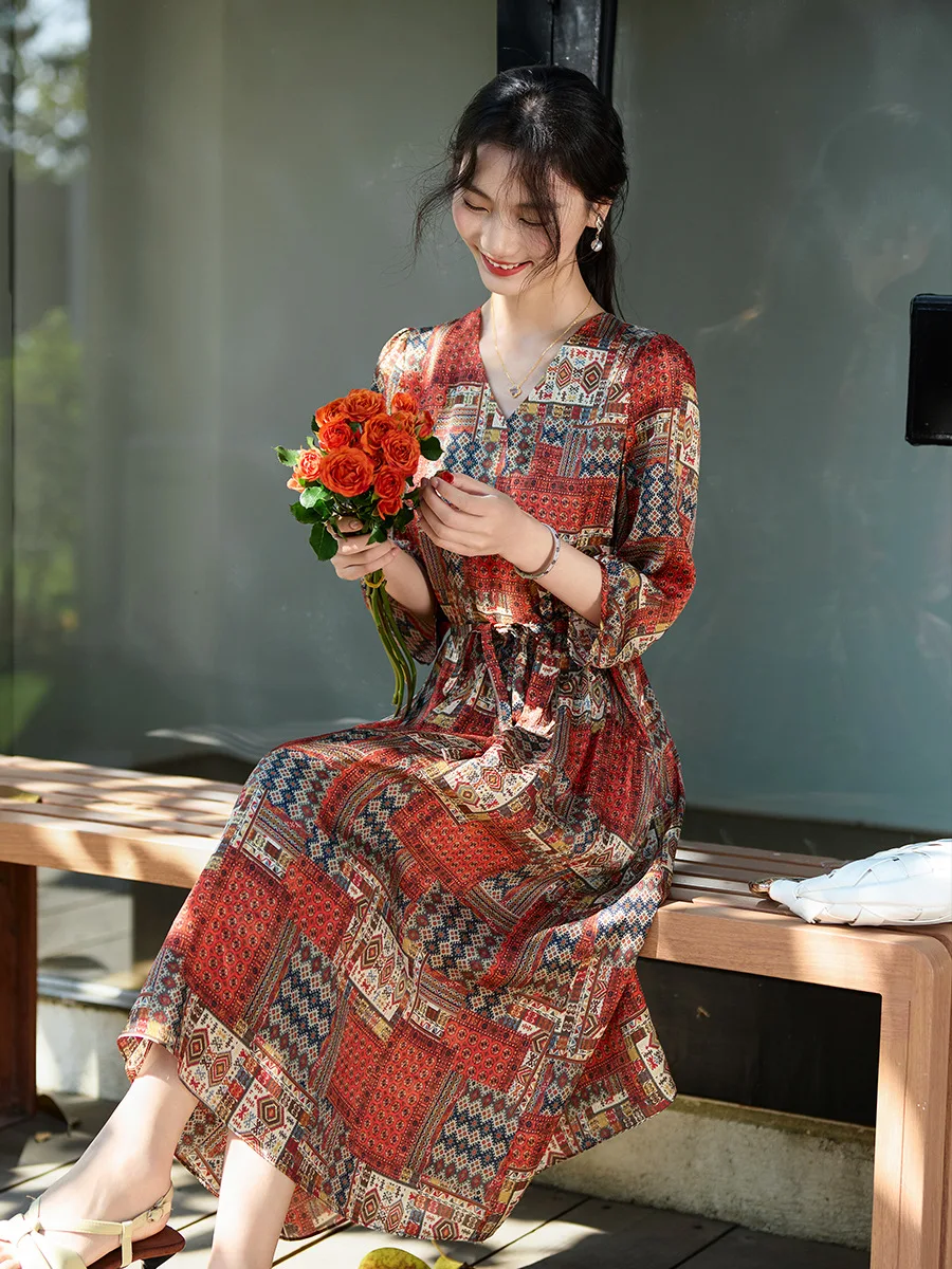 Winsleter-100%Real Silk Elegant Dress, 3/4 Sleeve Geometry Print, Women Retro Ethnic Style Cool Dresses, 2026 Summer D64514CC