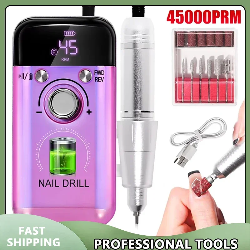 Máquina elétrica profissional de broca de unhas, 45000rpm, recarregável, portátil, ferramenta de manicure para unhas em gel, esmalte e brocas de unhas