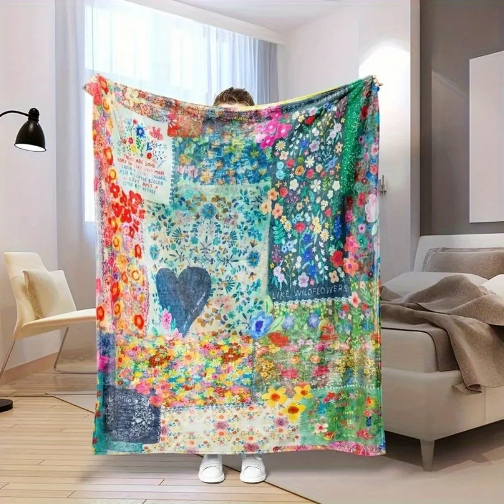 1Pc Colorful Flowers Heart Print Blanket Flannel Blanke Bed Sofa Travel Camping Super Soft Cozy Plush Blanket, Holiday Gifts