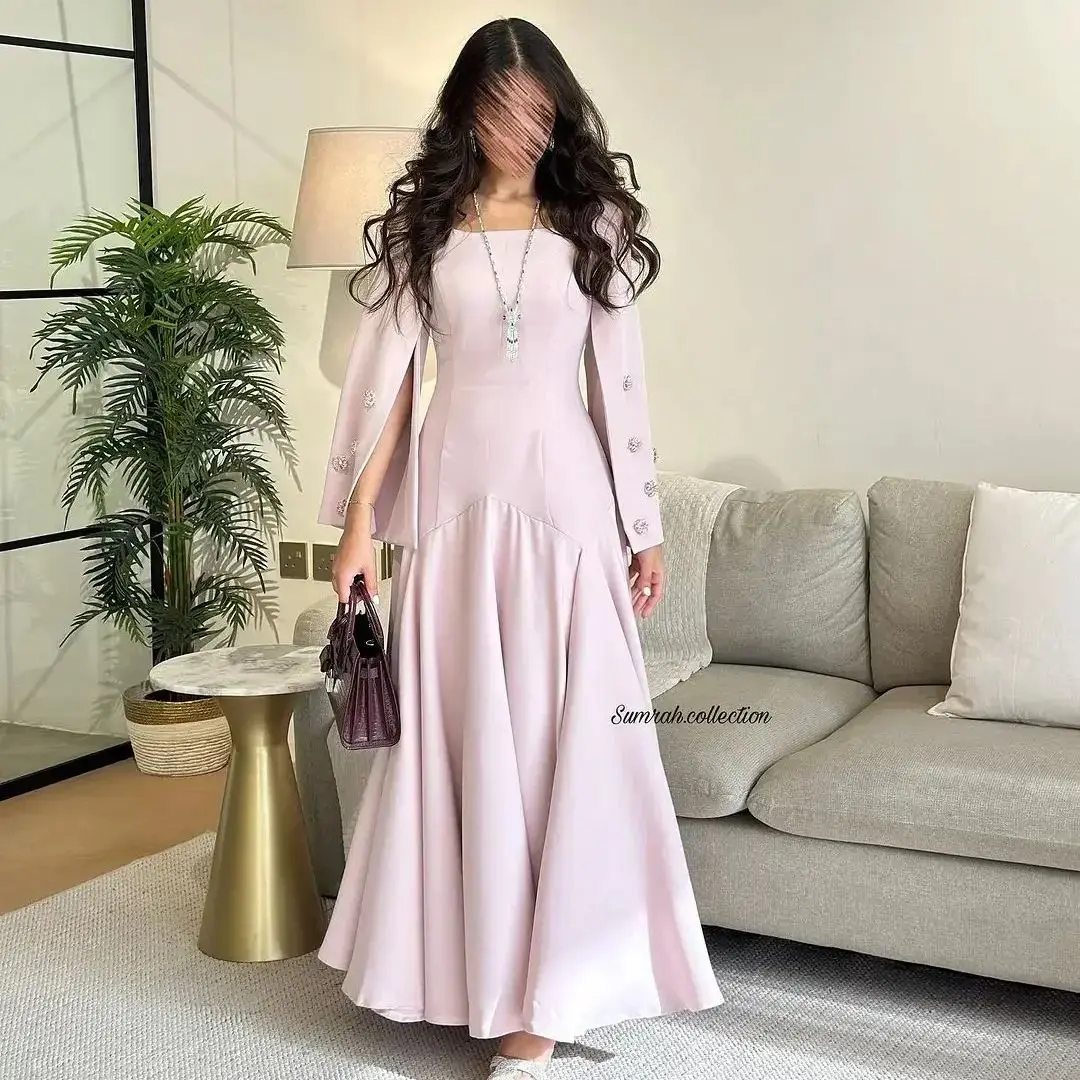 Elegant Evening Dresses For Women Party Prom Dresses Square Neck Ankle Length Beading Formal Party Gowns Long Sleeves 2024