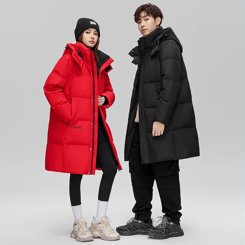 

Couple's Red Mid-Length down Jaet with Hood Korean Sle Men's Winter Workwear High-End Feeling Women's Outerwear