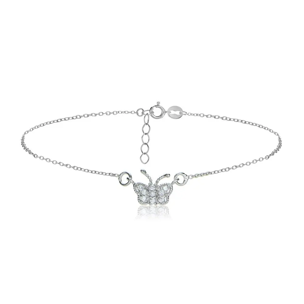 Tobillera de Plata de Ley 925 con Circonita Cúbica y Cadena de Mariposa para Mujer, Plata, Oro Amarillo, Oro Rosa