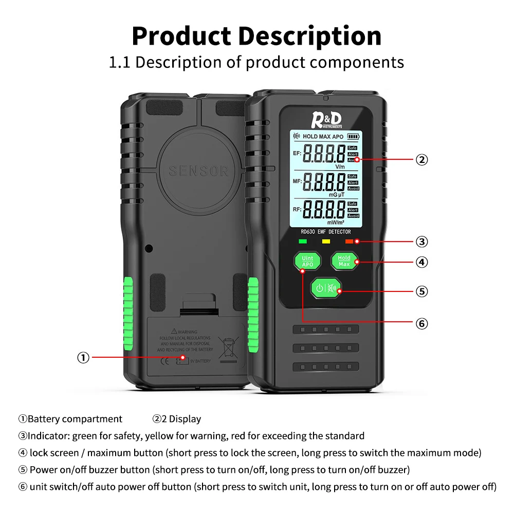 3 in 1 EF/MF/RF RD630 Electromagnetic Radiation Tester Multifunctional Handheld Electromagnetic Field Radiation Detector