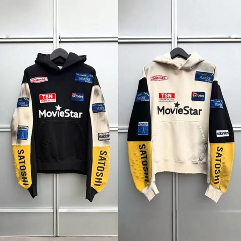 SATOSHI NAKAMOTO Men Women Racing Style Casual Hoodie Multi Badge Appliqué Color Block Sleeve SATOSHI Letter Print Hooded Top
