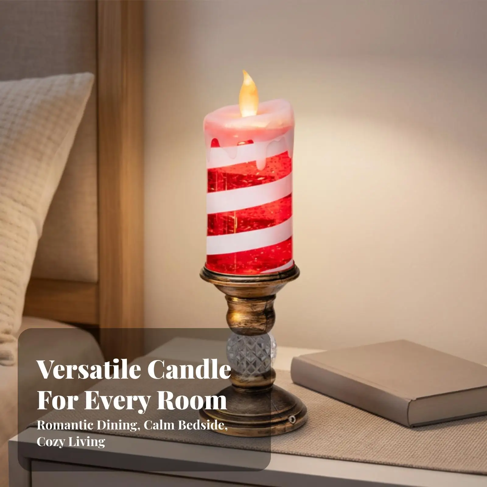 Electric Charging Candle Light with Bronze Pedestal Flameless Flickering Lantern USB Rechargeable for Bedroom Warm Glow