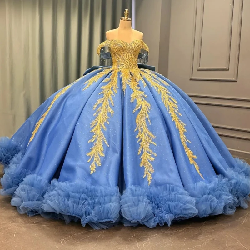 

Blue Shiny Ball Gown Quinceanera Dresses Gold Applique Lace Beading Crystal Bow Tiered Tull Corset Off Shoulder Sweet 16 Dress