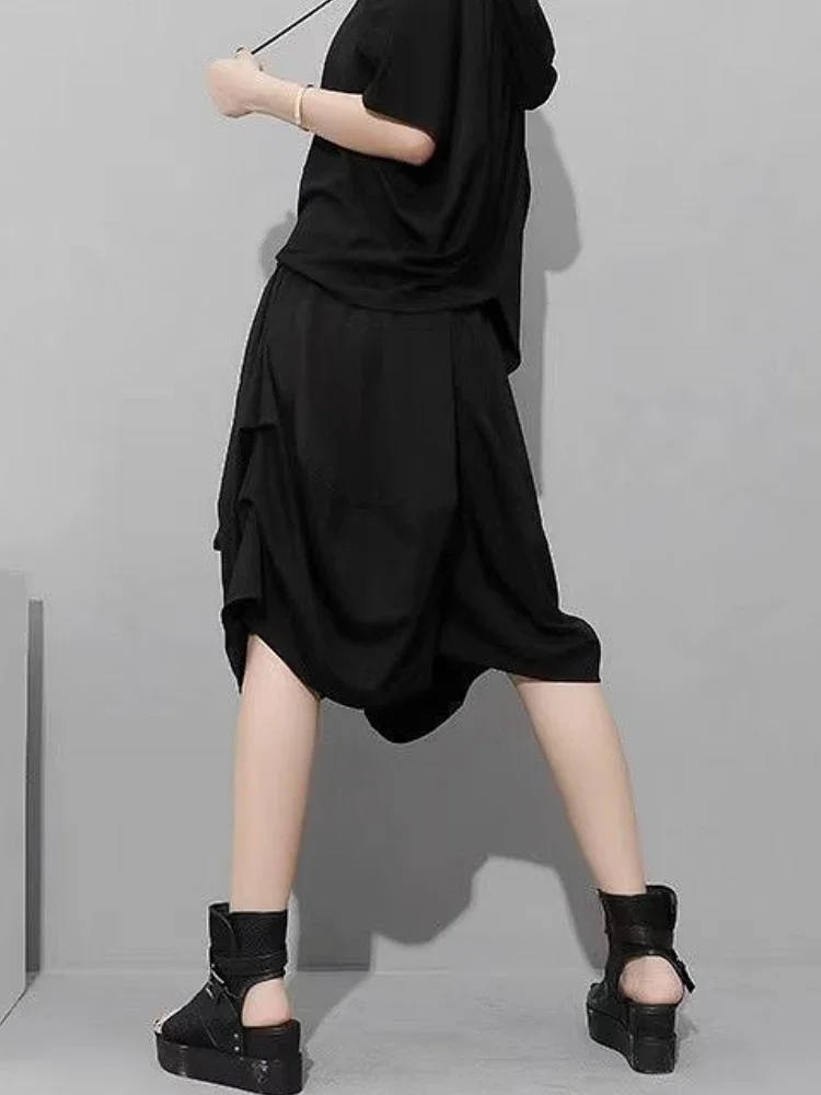 سروال نسائي أسود فضفاض للجنسين متعدد الجيوب شخصية رائعة للفتيات موضة Ulzzang High Street متعدد الاستخدامات بطول الركبة