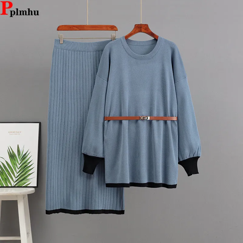 

Women Elegant New 2 Piece Sets Korean O-neck Long Sleeve Knitted Sweater With Belt Conjuntos Elastic High Waist Skirts Outfit
