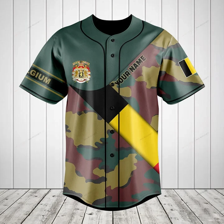Custom Name Belgium Flag Camouflage Graphic Button Shirt Summer Casual Men's Fashion Baseball Team Jersey Short Sleeve Tops
