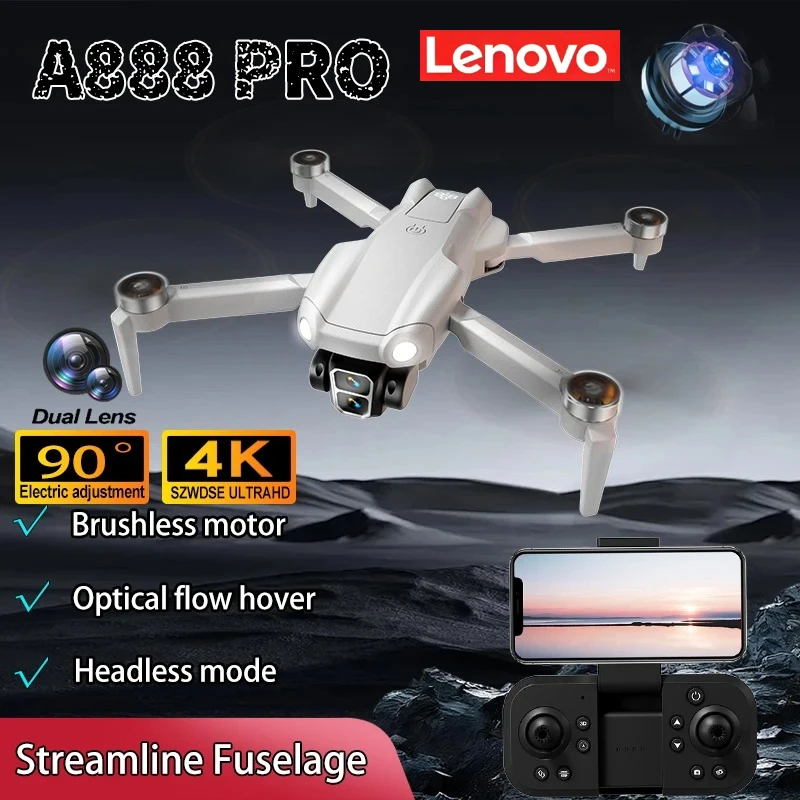

Квадрокоптер Lenovo A888 Pro с бесщеточным двигателем, функцией предотвращения столкновений, профессиональной 4K камерой, двойной камерой, 5G Wi-Fi и пультом дистанционного управления с экраном.