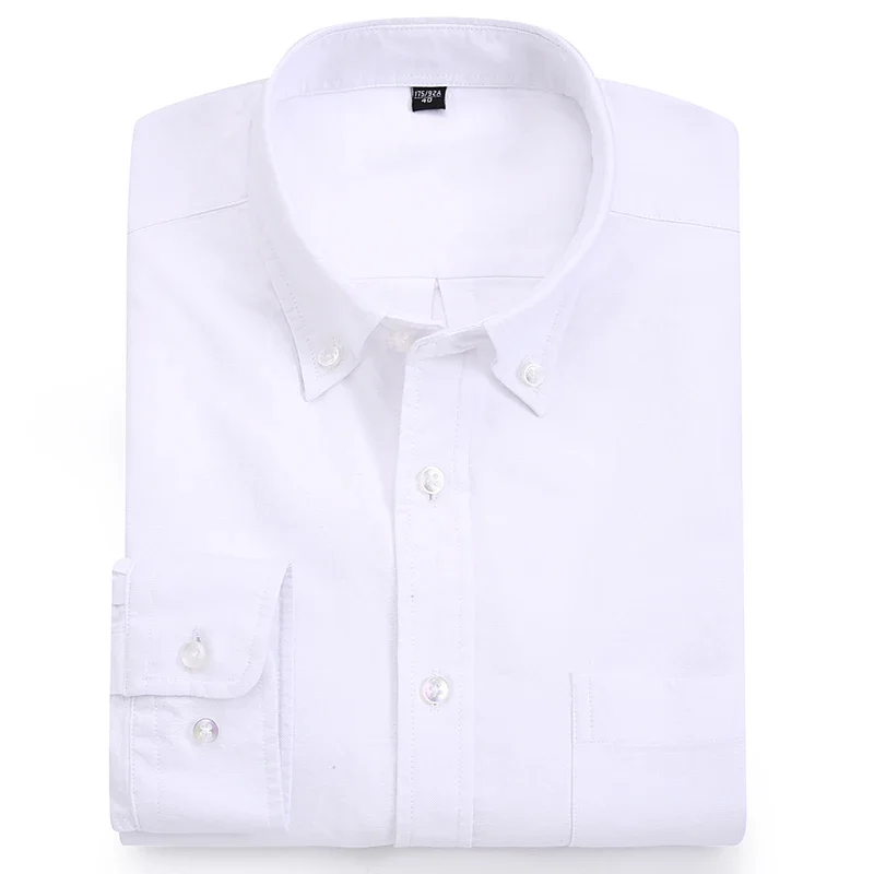 

Pure Cotton Oxford Mens Shirt Casual Solid Long Sleeve Business Men Dress Shirts Leisure With Front Pocket Regular Fit White Top