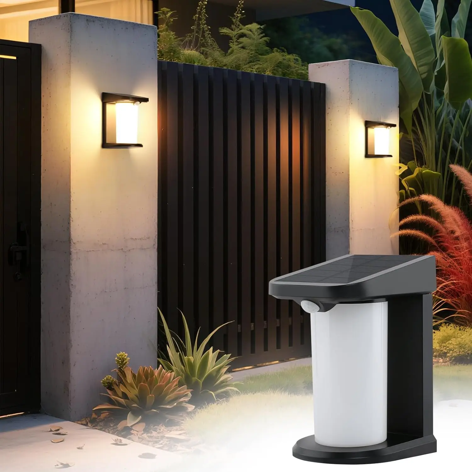 Wandlamp op zonne-energie voor buiten, met bewegingsmelder, buitenlamp op zonne-energie, tuin, outdoor, 2 modi, waterdicht, 3000 K, warmwit, led-buitenlamp voor binnenplaats, treden, voordeur