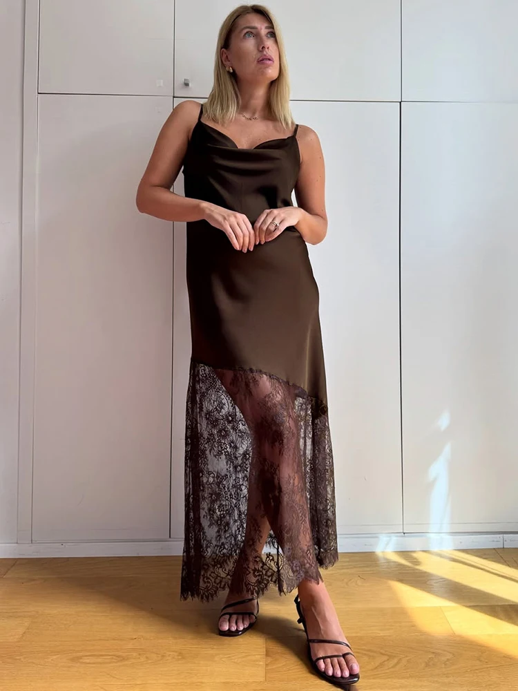 

Tuularose Fashion Lace Long Dress Women's New Sexy V-Neck Lace Satin Patchwork Halter Dress Elegant Luxury Vintage Party Dresses