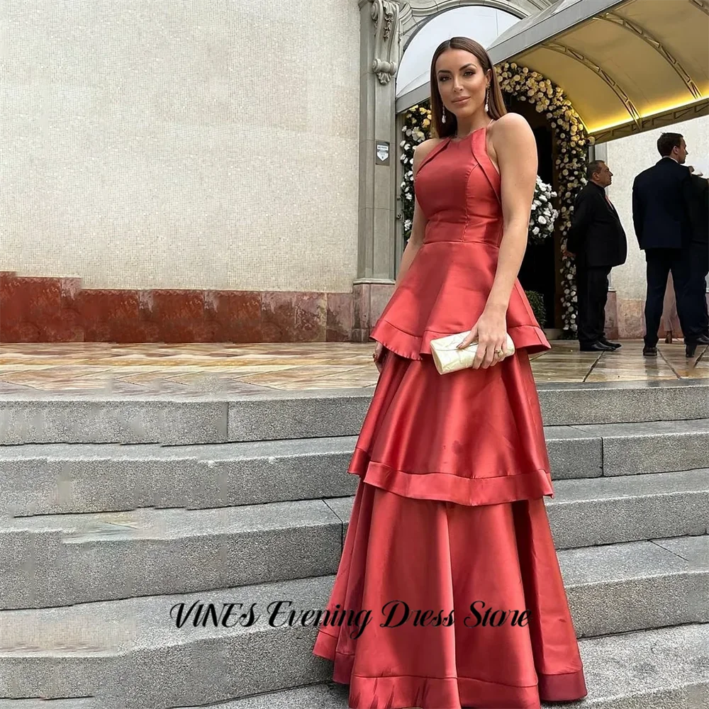 

VINES Red Party Dress Halter Sleeveless Evening Dress Tiered Ruffled Party Gown A Line Satin Prom Gown for Women Customized