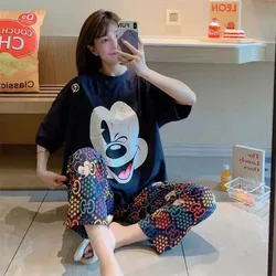 Disney-pijama de seda de leche con estampado de Mickey y Winnie para mujer, pantalones de manga corta, traje de ropa para el hogar, lindo pijama para niña, Verano