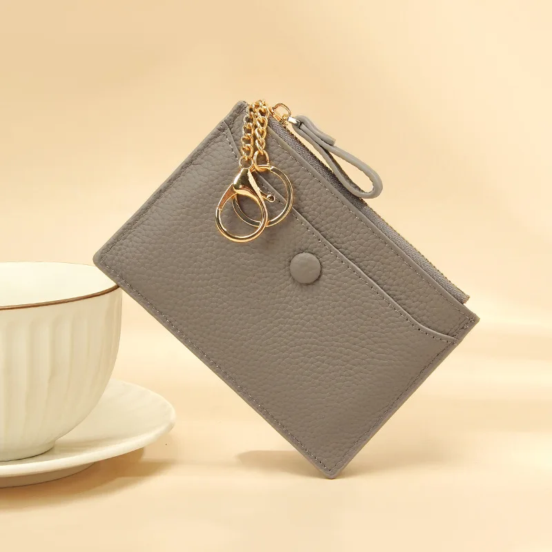 Women Genuine Leather Card Holder Ladies Slim Mini Wallet with Key Ring Zipper Coin Pocket and Snap Closure Travel Purse