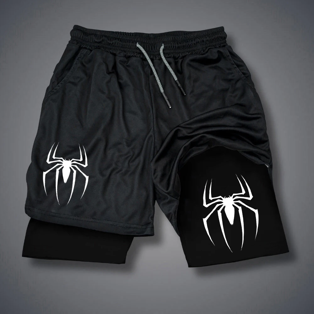 Nowe męskie spodenki wydajnościowe Spider Print GYM Casual sportowe spodenki kompresyjne Run Mesh 2 w 1 sportowe krótkie spodnie