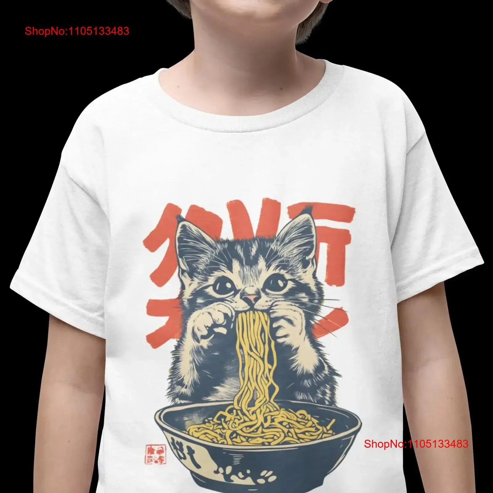 

Kids Cat Ramen T Shirt Retro Funny Animal Top Cute vintage Washed Unisex Stretched Slightly homme Soft streetwear graphic