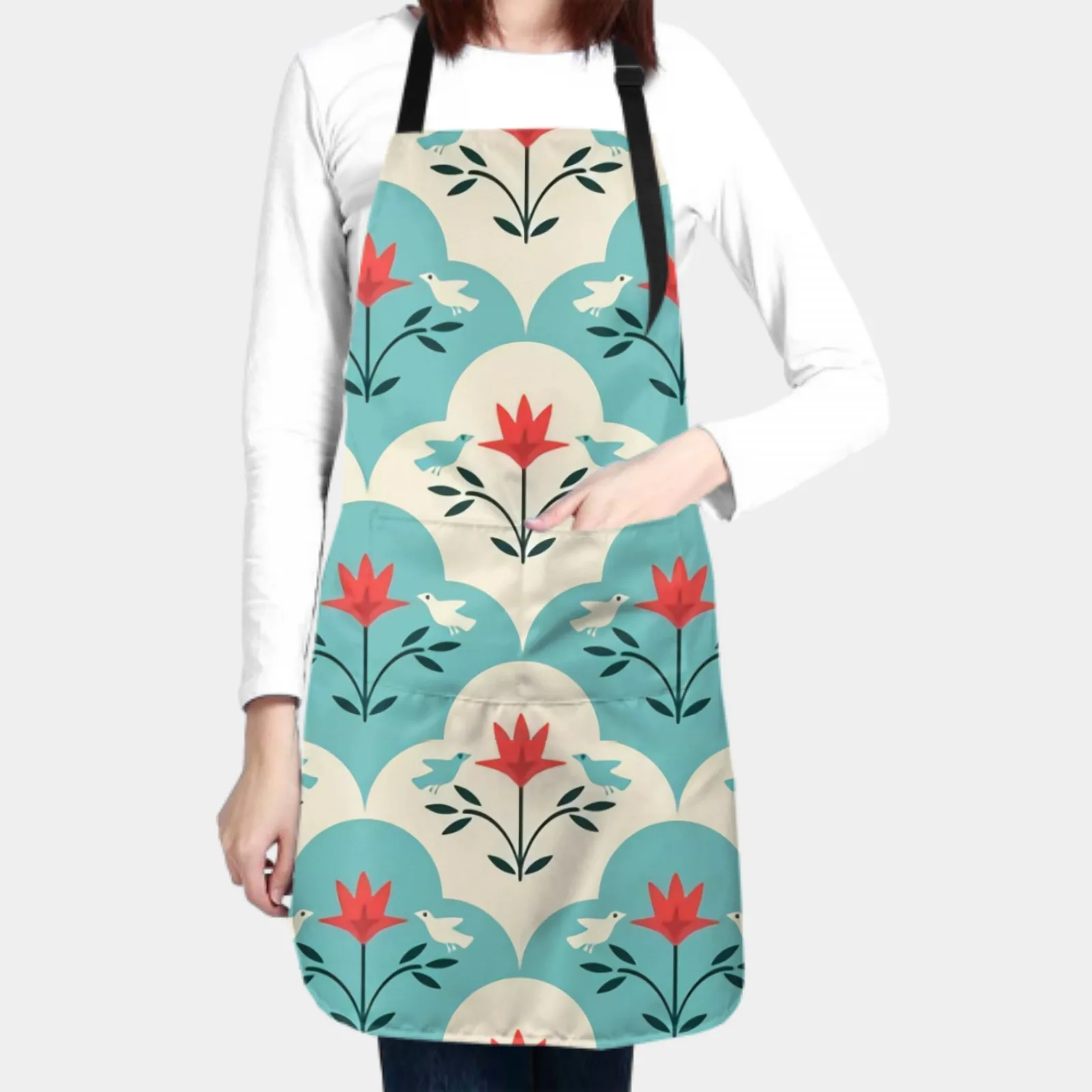 Flowers Waterproof Apron with 2 Pockets Kitchen Chef Aprons Bibs for Grooming Cooking Baking Painting Gardening