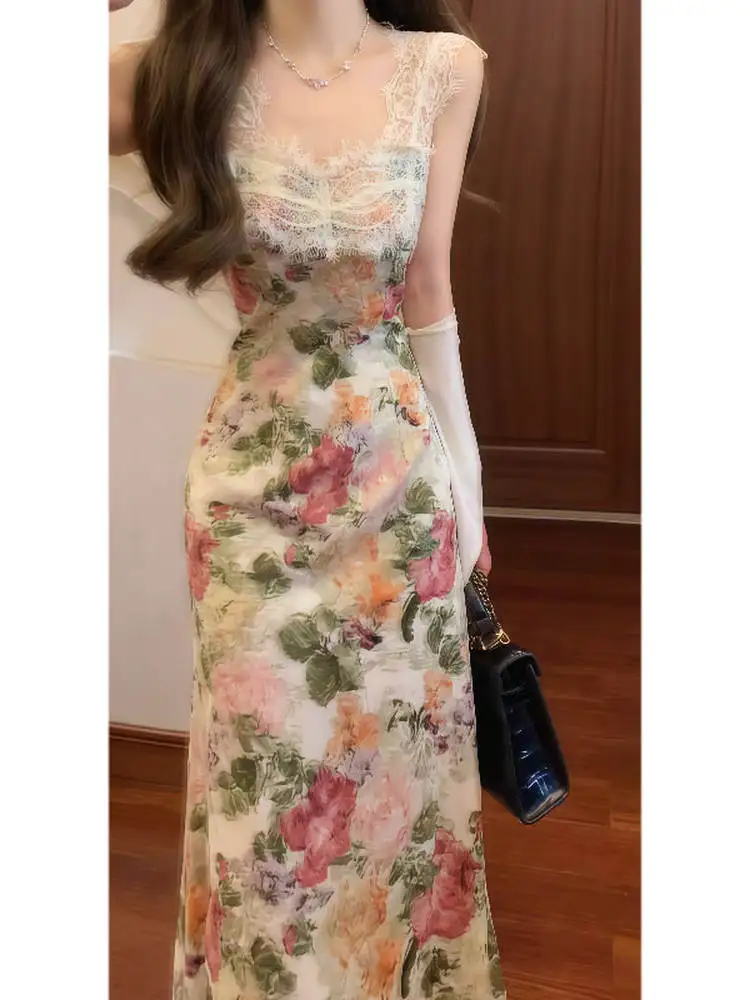 

Retro Unique Beautiful Knitted Open Cardigan Oil Painting Print Dress Two-Piece Set Gentle Style Summer Collection Women's Dress
