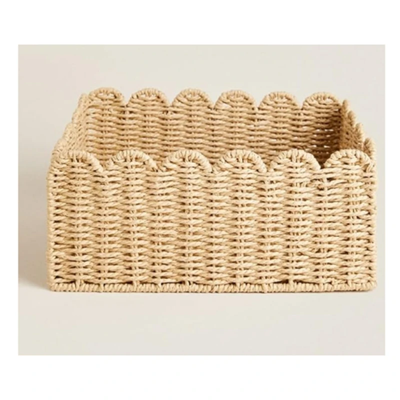 A77E-Scalloped Edge Basket, Wicker Storage Baskets,Handwoven Organizing Baskets For Shelves, Paper Rope Design