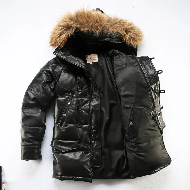 Off-road outdoor sports and leisure leather down for men women thickened mid-length hooded white