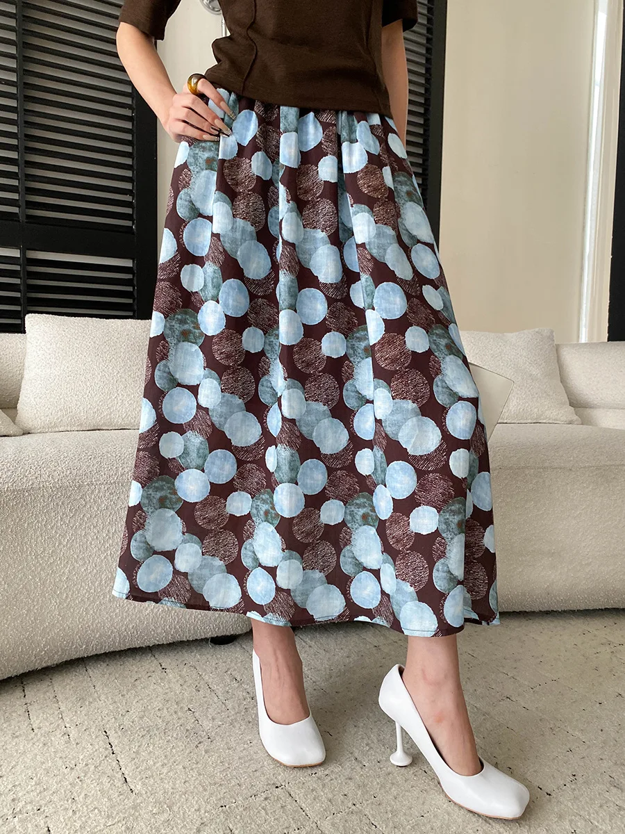 Autumn new French retro oil painting polka dot print elastic high waisted skirt