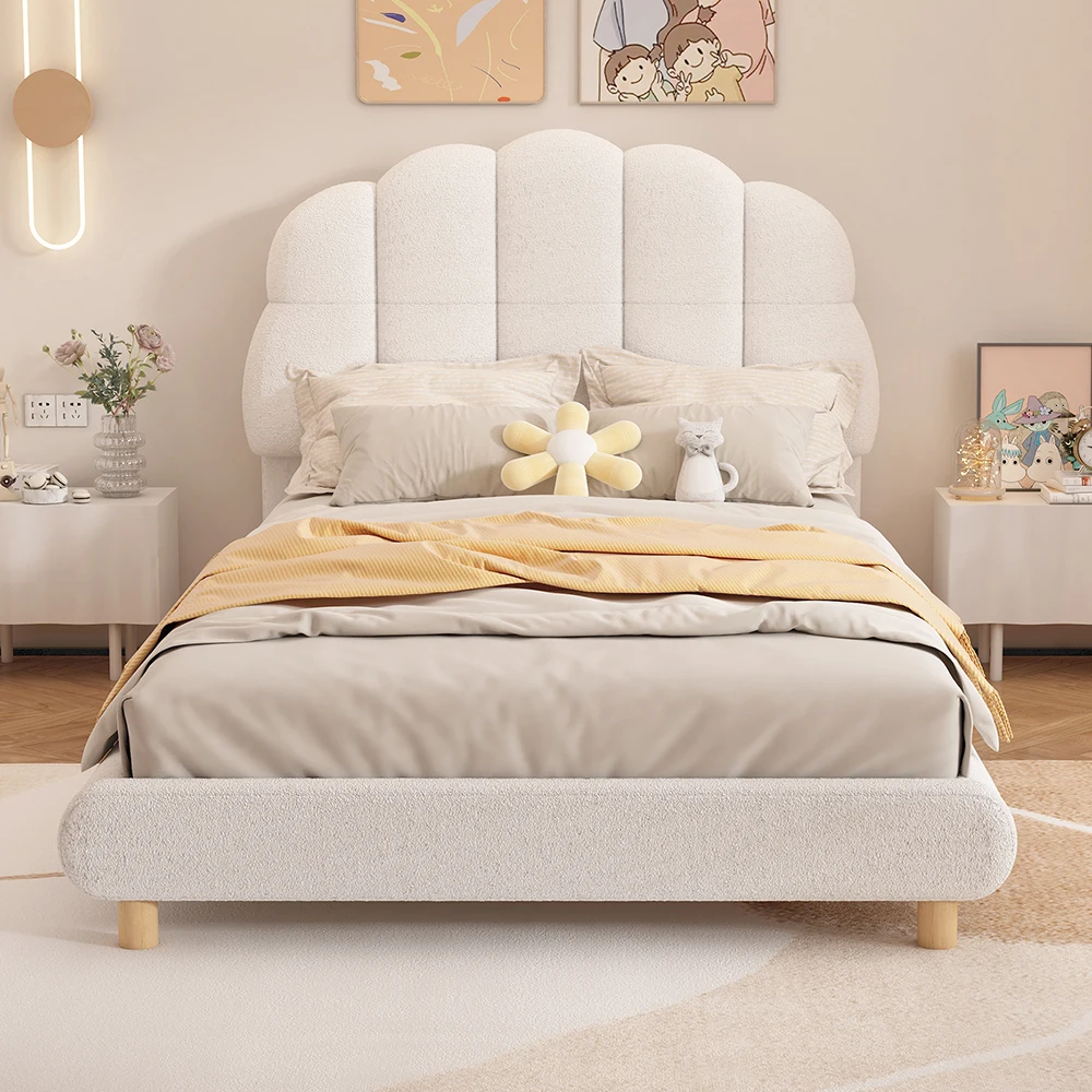 KOMHTOM 90x200 cm Lit plat pour enfant Lit en peluche avec tête de lit mignonne Blanc