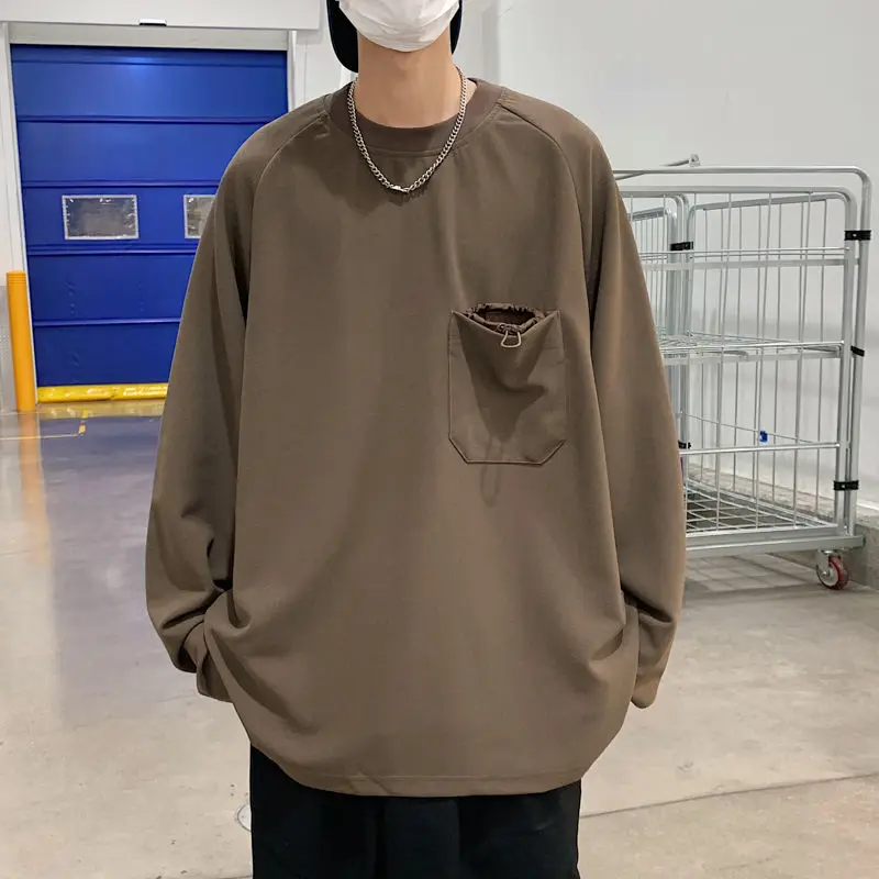 

Fashion Pockets Spliced T-shirts Spring Autumn Basic Solid Color Men's Clothing Casual Loose O-Neck Korean Long Sleeve Pullovers