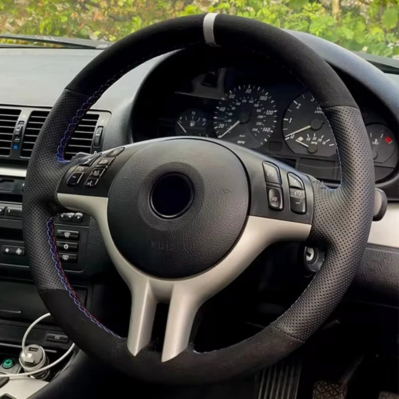 Car Steering-Wheel Cover Wrap For BMW E46 E39 325i E53 X5 Hand Sewing Car Steering Wheel Cover Braid Soft Suede Leather Trim