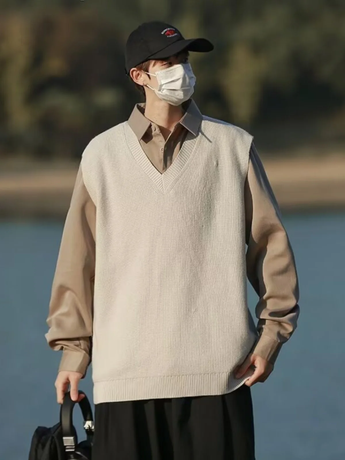 

Loose Knitted Long Sve Men's irt Inner Wear Casual Sle Autumn Winter Faion Japanese Sle Patchwork Mo Two-Piece S...