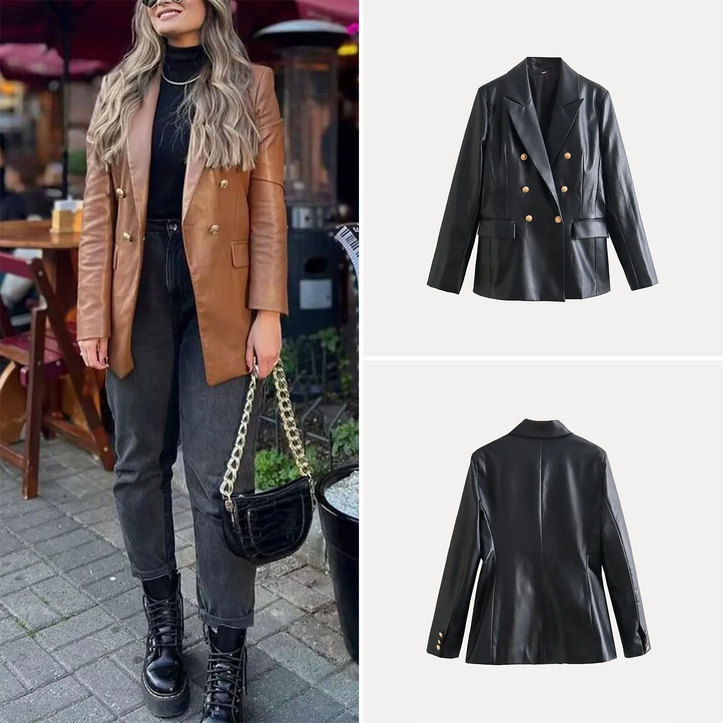 Elegant Two-Tone Long Sleeve Button-Up Collar Suit Jacket for Women Casual Style Loose Fit Mid-Length Double-Row Buttons