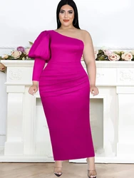 Rose Red Dresses Plus Size 4XL Bodycon Women One Shouler Long Lantern Sleeve Pleated Birthday Evening Party Outfits DropShipping